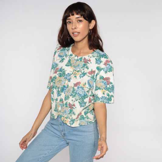 80s Floral Button-Up Blouse Short Sleeve Off-White Green Vintage Shirt Medium