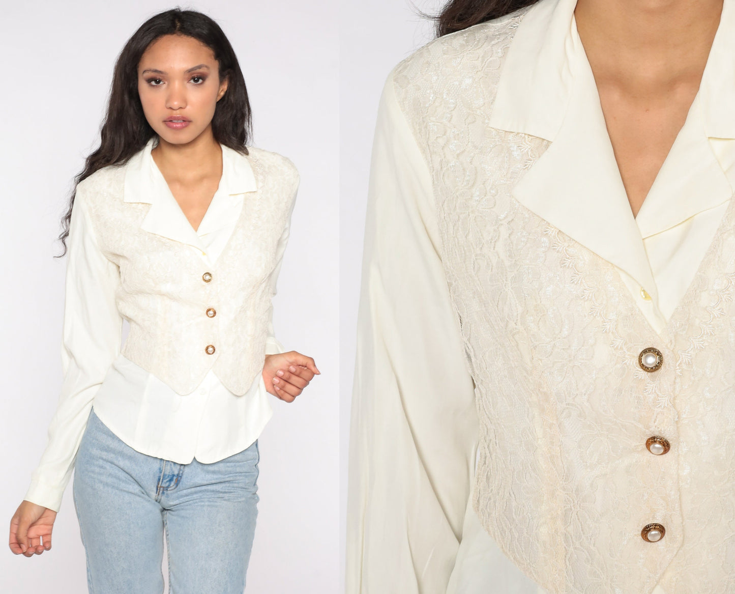 90s Off-White Blouse with Attached Floral Lace Vest Long Sleeve Medium M