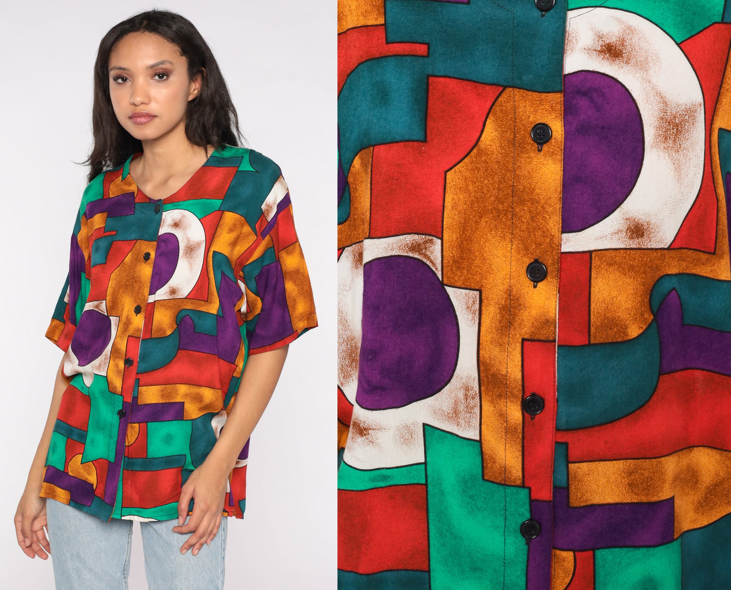 90s Geometric Print Button-Up Blouse Short Sleeve Shirt Medium M