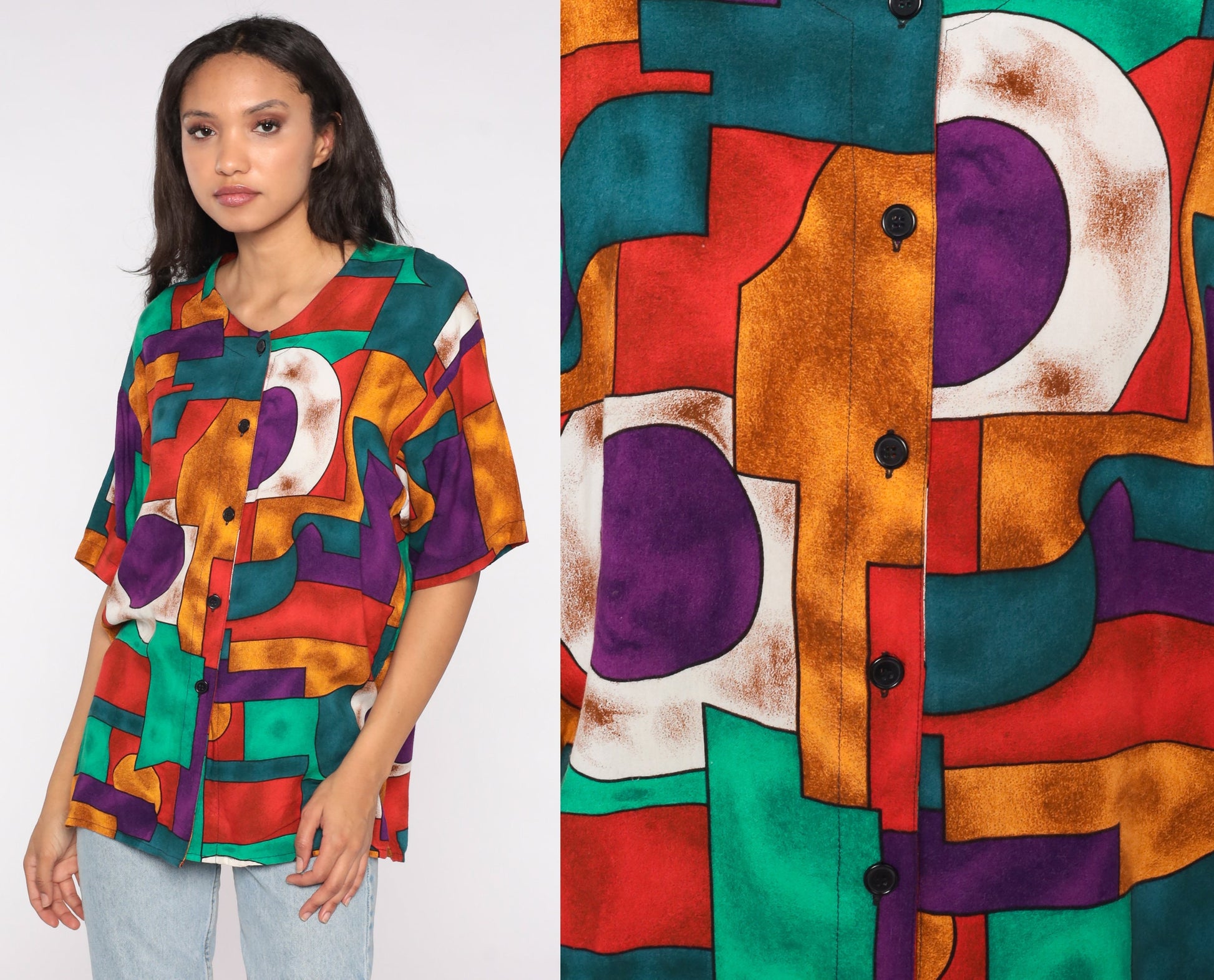 90s Geometric Print Button-Up Blouse Short Sleeve Shirt Medium M