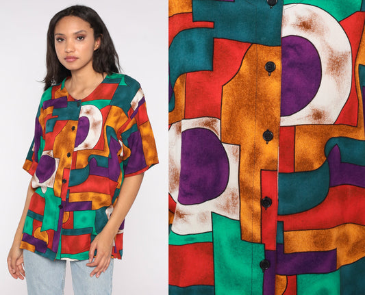 90s Geometric Print Button-Up Blouse Short Sleeve Shirt Medium M