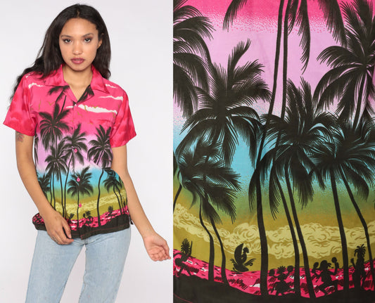 80s Hawaiian Tropical Button Up Shirt Palm Tree Sunset Print Pink Blue Small