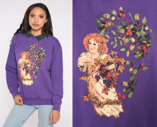 80s Cherub Fruit Oil Painting Collared Sweatshirt Purple Graphic Large L