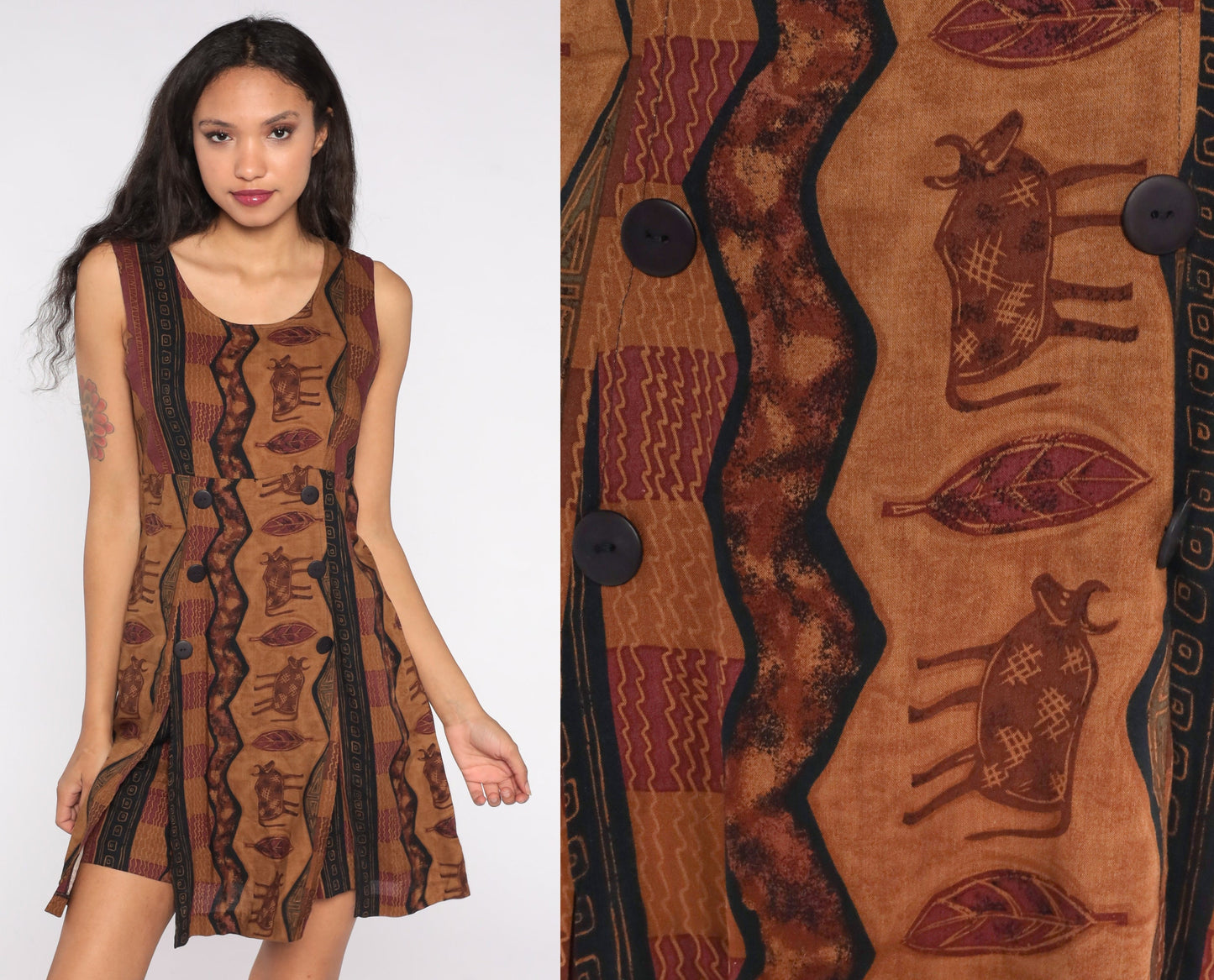 90s Brown Cow Petroglyph Print Mini Dress Tank Straps Zipper Medium