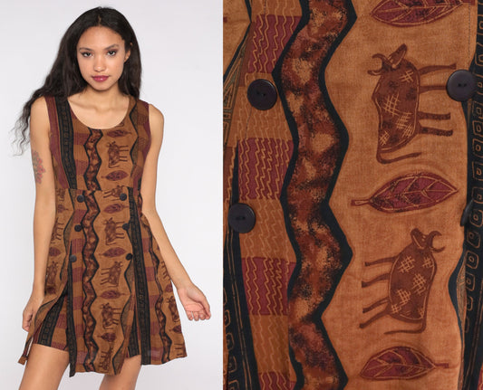 90s Brown Cow Petroglyph Print Mini Dress Tank Straps Zipper Medium