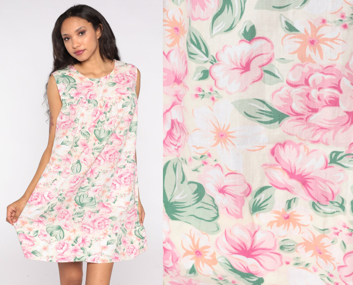 80s Floral Mini Dress Pink Green Cream Shift Sleeveless Medium