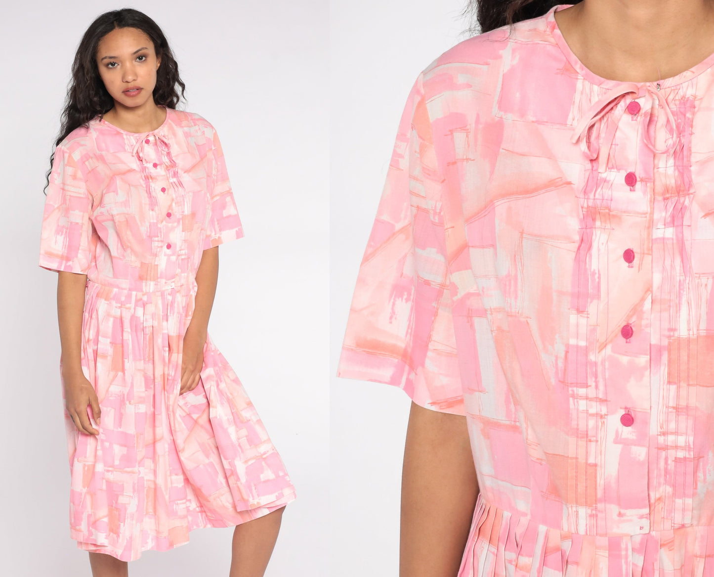 60s Pink Watercolor Geometric Midi Shirtdress Button-Up Pleated Large L