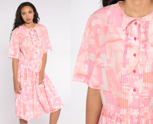 60s Pink Watercolor Geometric Midi Shirtdress Button-Up Pleated Large L