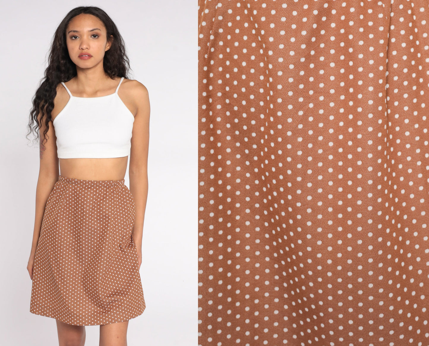 70s Brown Polka Dot Mini Skirt High Waisted Pencil Cut Small S