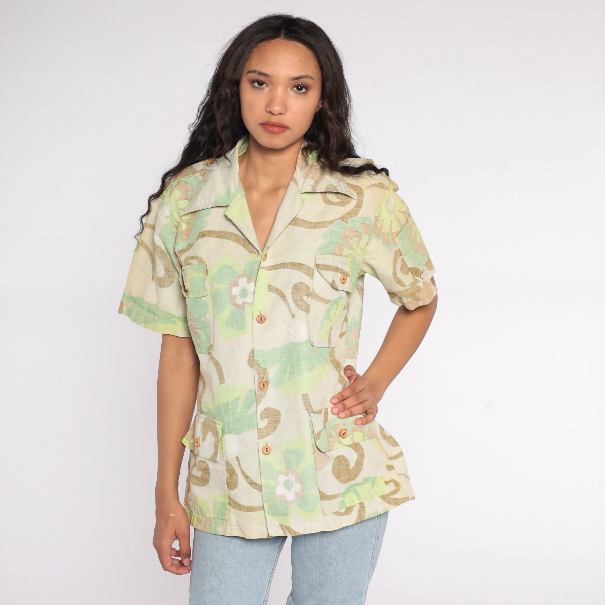 70s Surfline Original Floral Button Up Shirt Cotton Medium