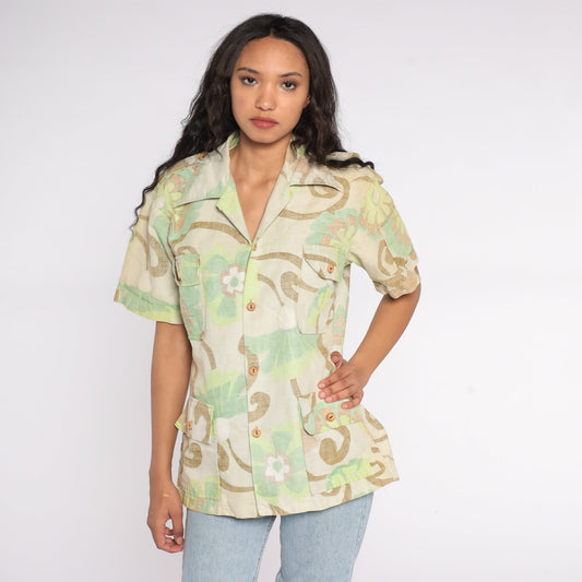 70s Surfline Original Floral Button Up Shirt Cotton Medium