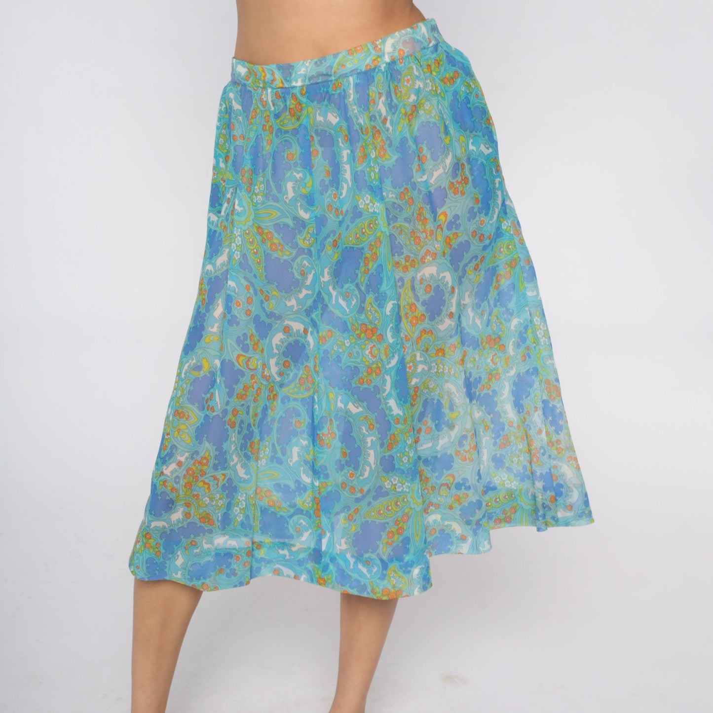 70s Psychedelic Floral Animal Print Midi Skirt Blue Extra Large XXL