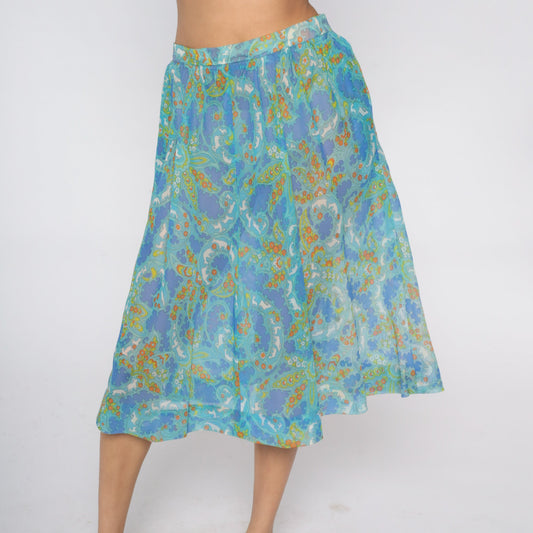 70s Psychedelic Floral Animal Print Midi Skirt Blue Extra Large XXL