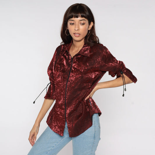 90s Shiny Red Iridescent Zip-Up Jacket Drawstring Sleeves Medium