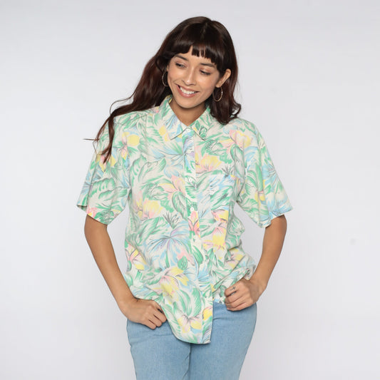 80s Tropical Floral Button-Up Shirt Green Pink Short Sleeve Medium