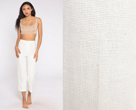 70s High-Waisted Straight Leg Linen Trousers Off-White Cropped Petite XXS