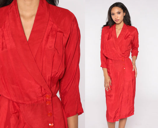 80s All That Jazz Red Wrap Midi Dress High Waist V Neck 3/4 Sleeve Medium