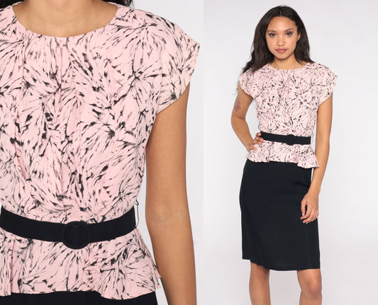 80s Zum Zum Secretary Dress Peplum Belted Pencil Baby Pink Cap Sleeve XS