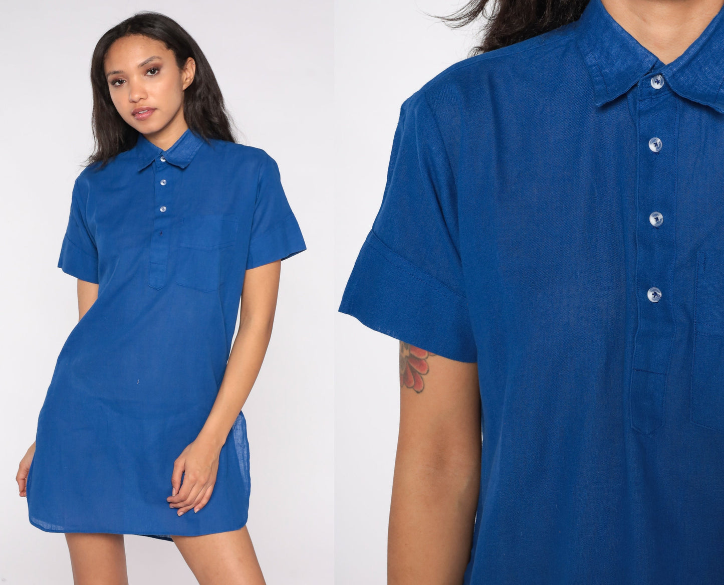 80s Blue Polo Shirt Dress Collared Button-Up Mini Side Slits Medium