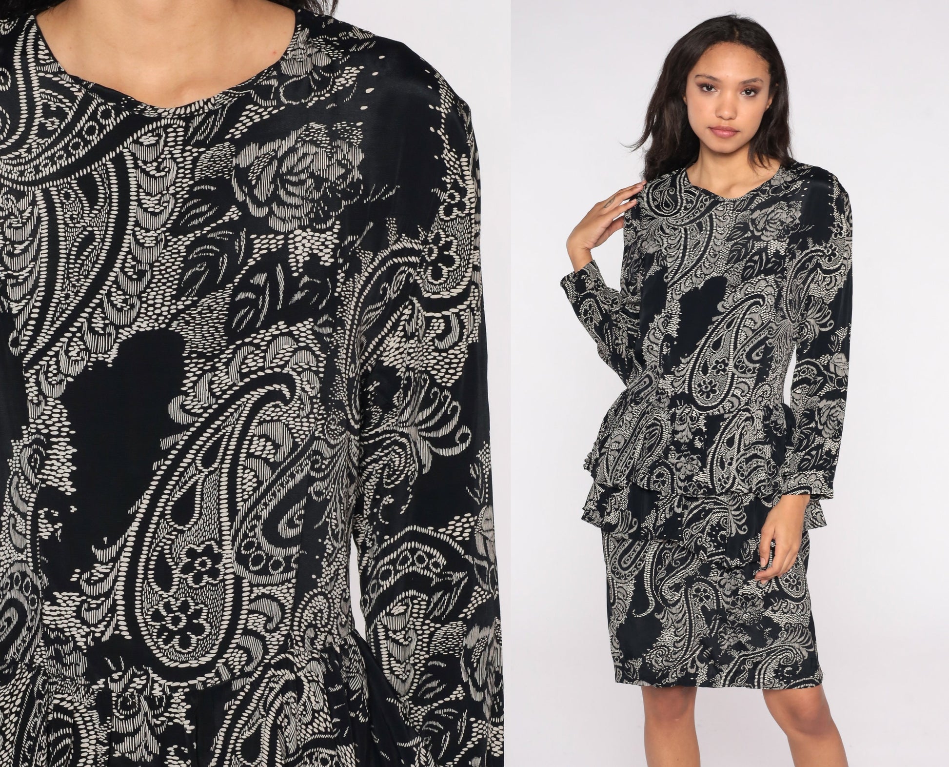 80s Black White Floral Paisley Peplum Dress Long Sleeve Knee Length Medium M