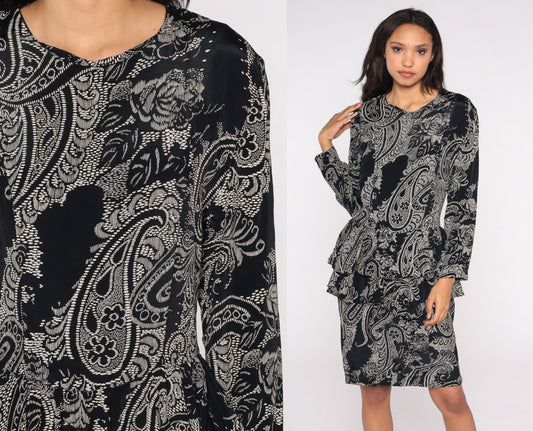 80s Black White Floral Paisley Peplum Dress Long Sleeve Knee Length Medium M