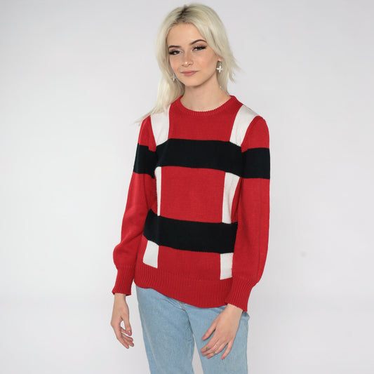 80s Red White Black Striped Knit Sweater Crewneck Pullover Small S