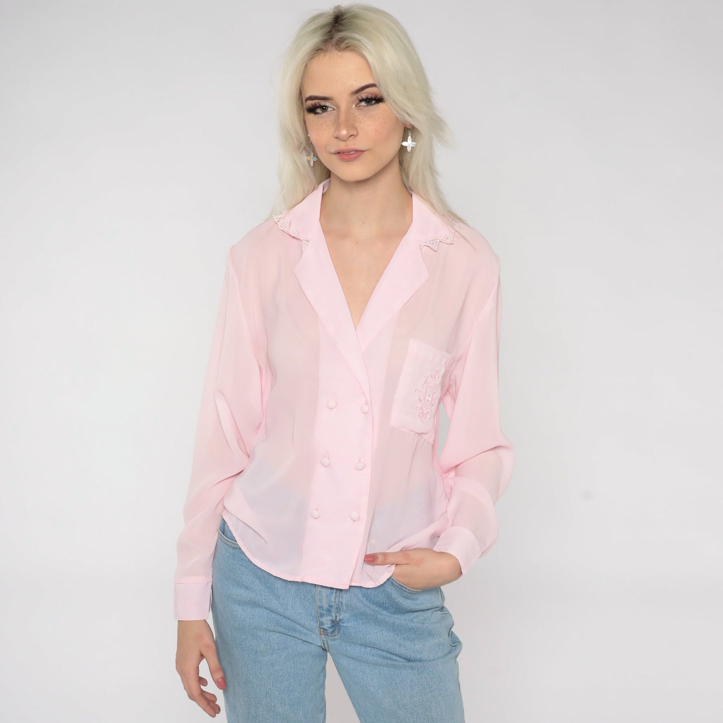80s Baby Pink Semi-Sheer Button-Up Blouse Double Breasted Lace Trim Medium M