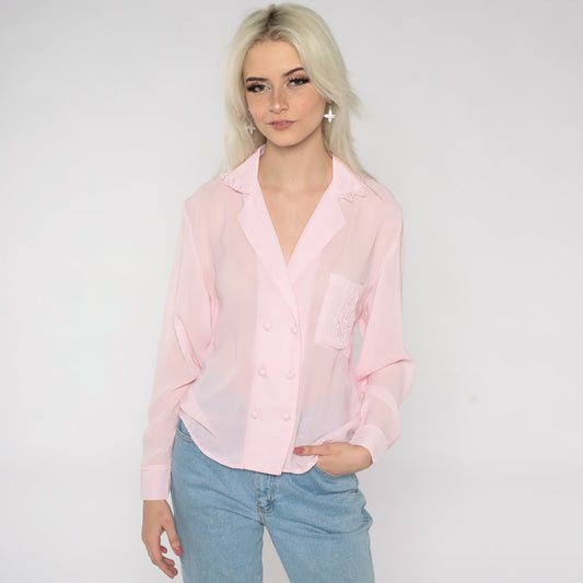 80s Baby Pink Semi-Sheer Button-Up Blouse Double Breasted Lace Trim Medium M