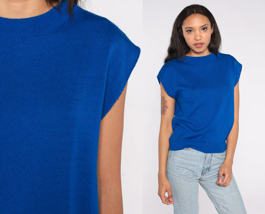80s Royal Blue Knit Cap Sleeve Sweater Top Medium