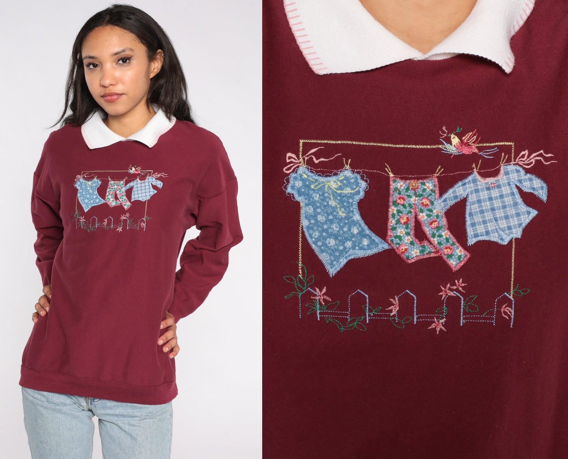 90s Laundry Graphic Collared Sweatshirt Burgundy Large L