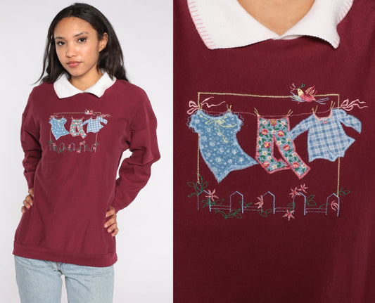 90s Laundry Graphic Collared Sweatshirt Burgundy Large L
