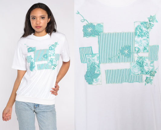 80s White Floral Embroidered T-Shirt Green Print Short Sleeve Small