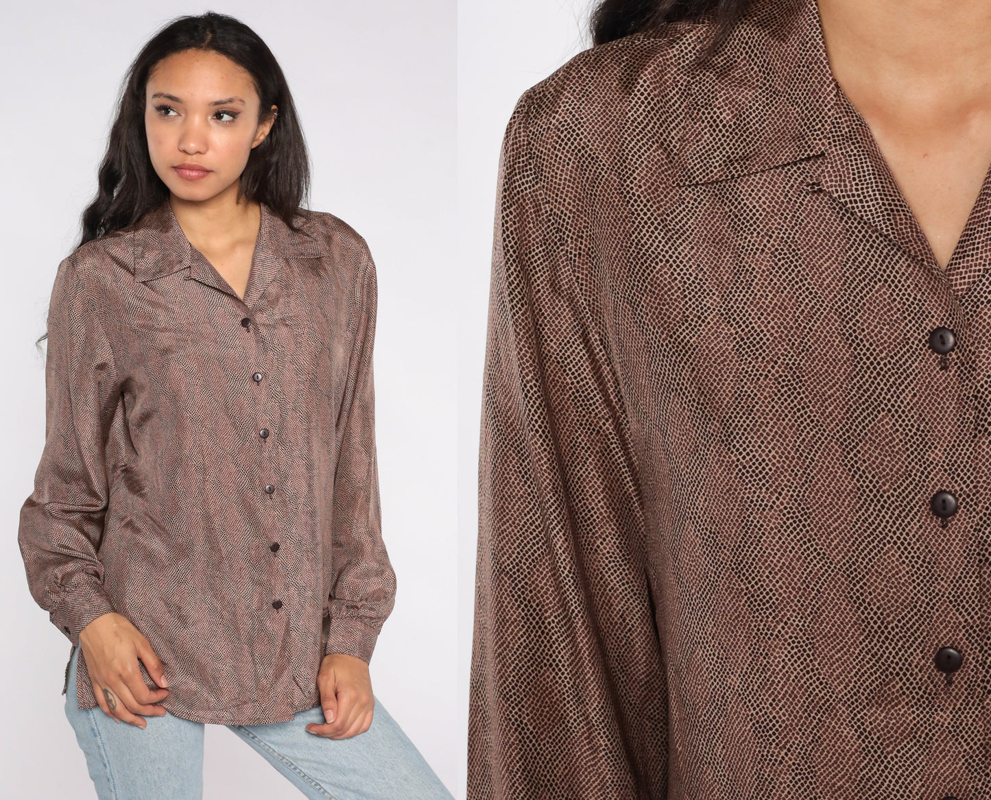80s Brown Silk Button-Up Blouse Long Sleeve Speckled Medium