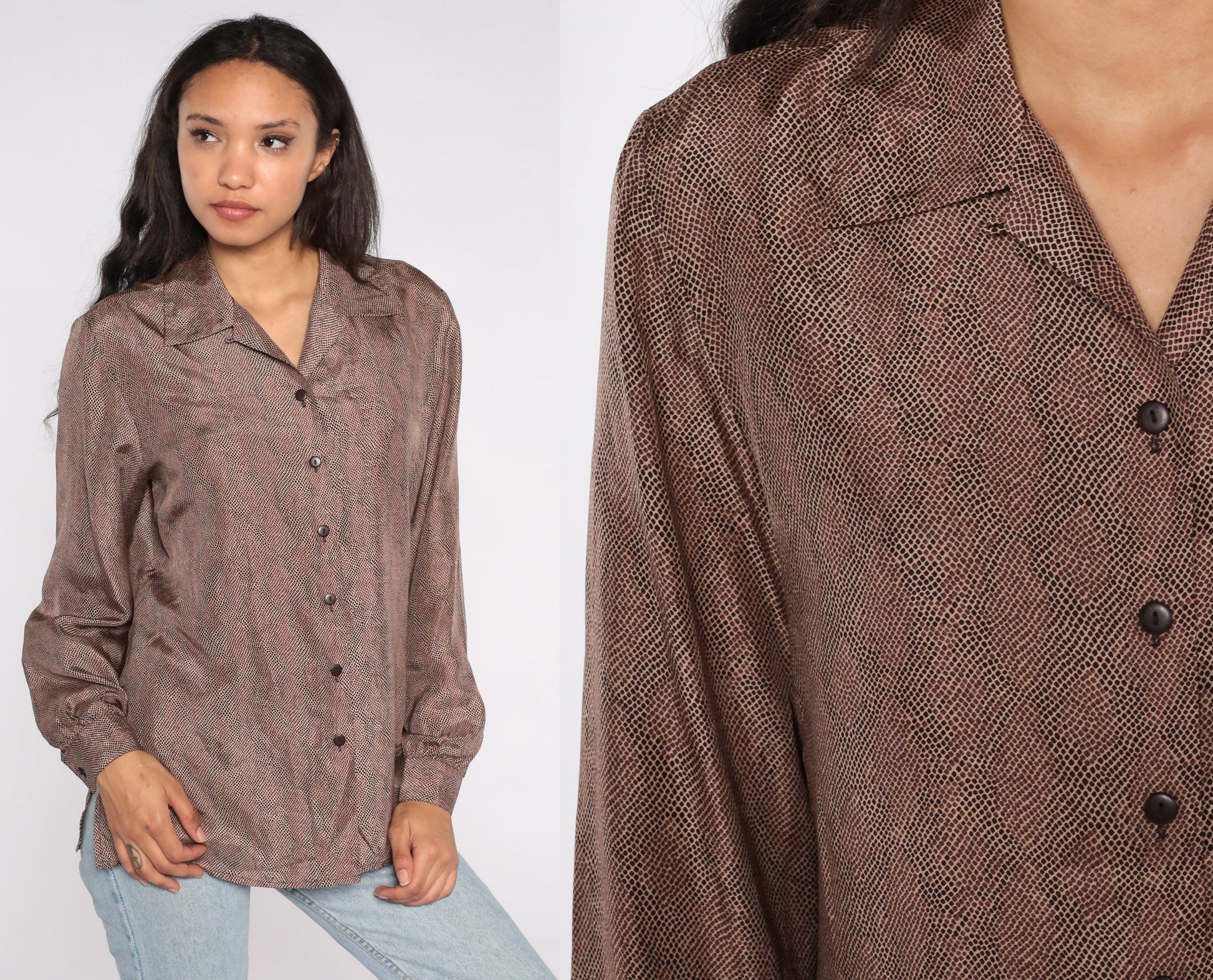 80s Brown Silk Button-Up Blouse Long Sleeve Speckled Medium