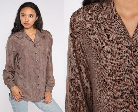 80s Brown Silk Button-Up Blouse Long Sleeve Speckled Medium