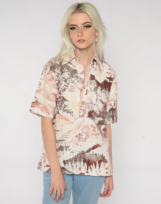 70s Pagoda Forest Bird Button Up Shirt Cream Red Brown Graphic Medium
