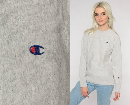 Y2K Champion Grey Crewneck Sweatshirt Plain Pullover Medium