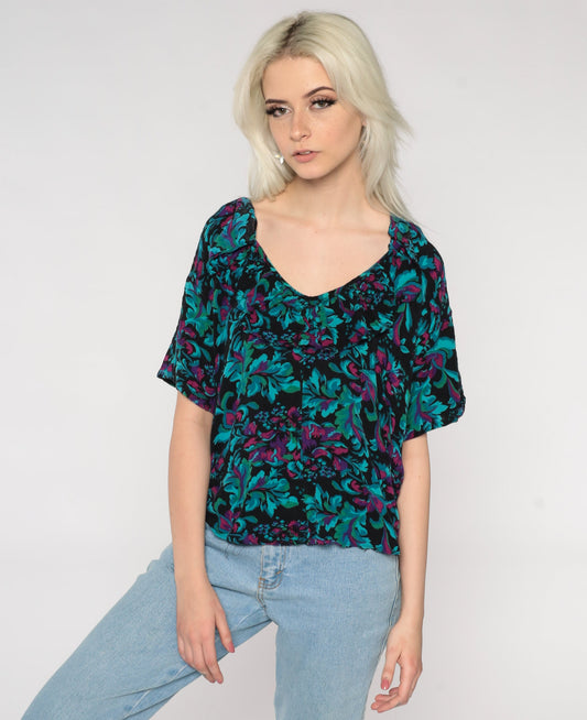 80s Floral Ruffle Blouse Black Green Flower Print Short Sleeve Large