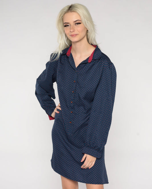 80s Navy Polka Dot Button-Up Mini Dress High Waist Tie Belt Long Sleeve Large L