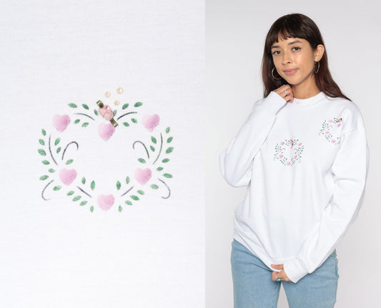 80s Jerzees White Heart Rosette Embellished Sweatshirt Crewneck Medium M