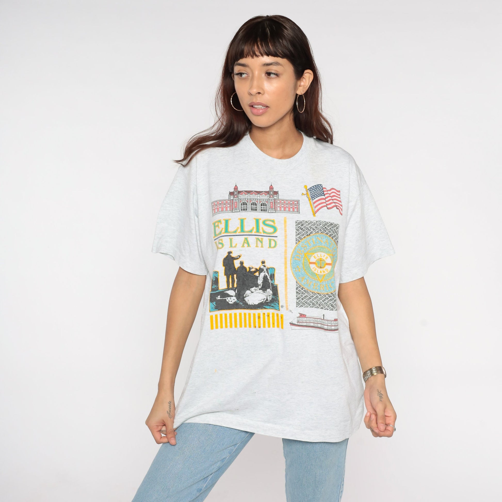 90s Ellis Island New York Graphic T-Shirt Light Heather Grey Extra Large XL