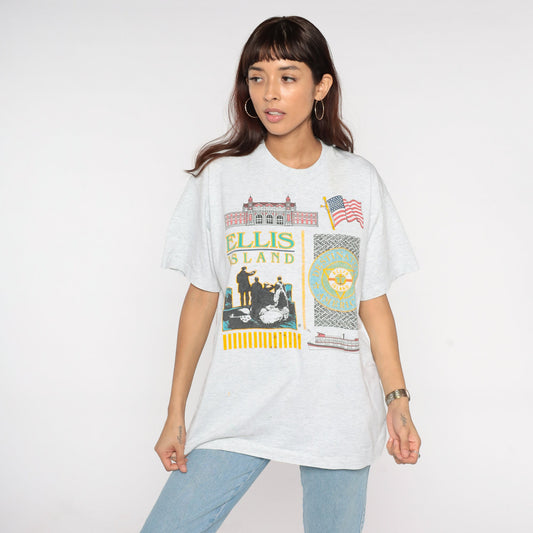 90s Ellis Island New York Graphic T-Shirt Light Heather Grey Extra Large XL