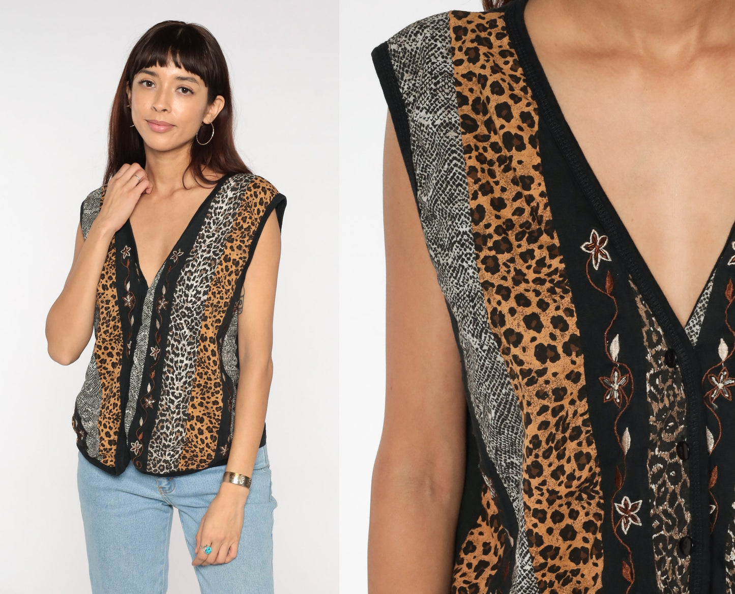 80s Animal Print Vest Top Floral Embroidered Sleeveless Blouse Large