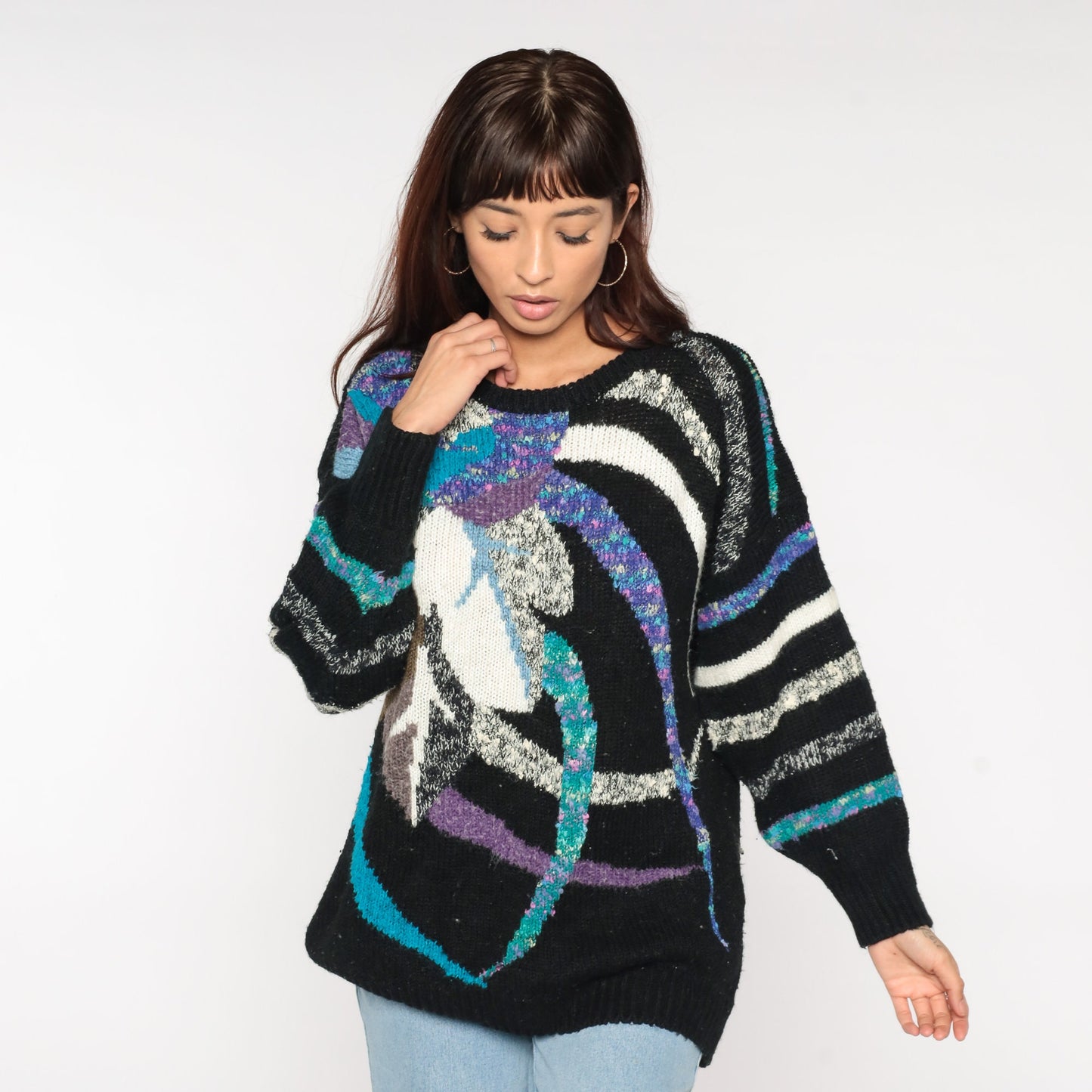 80s Black Knit Sweater Abstract Striped Leaf Print Multicolor Large L