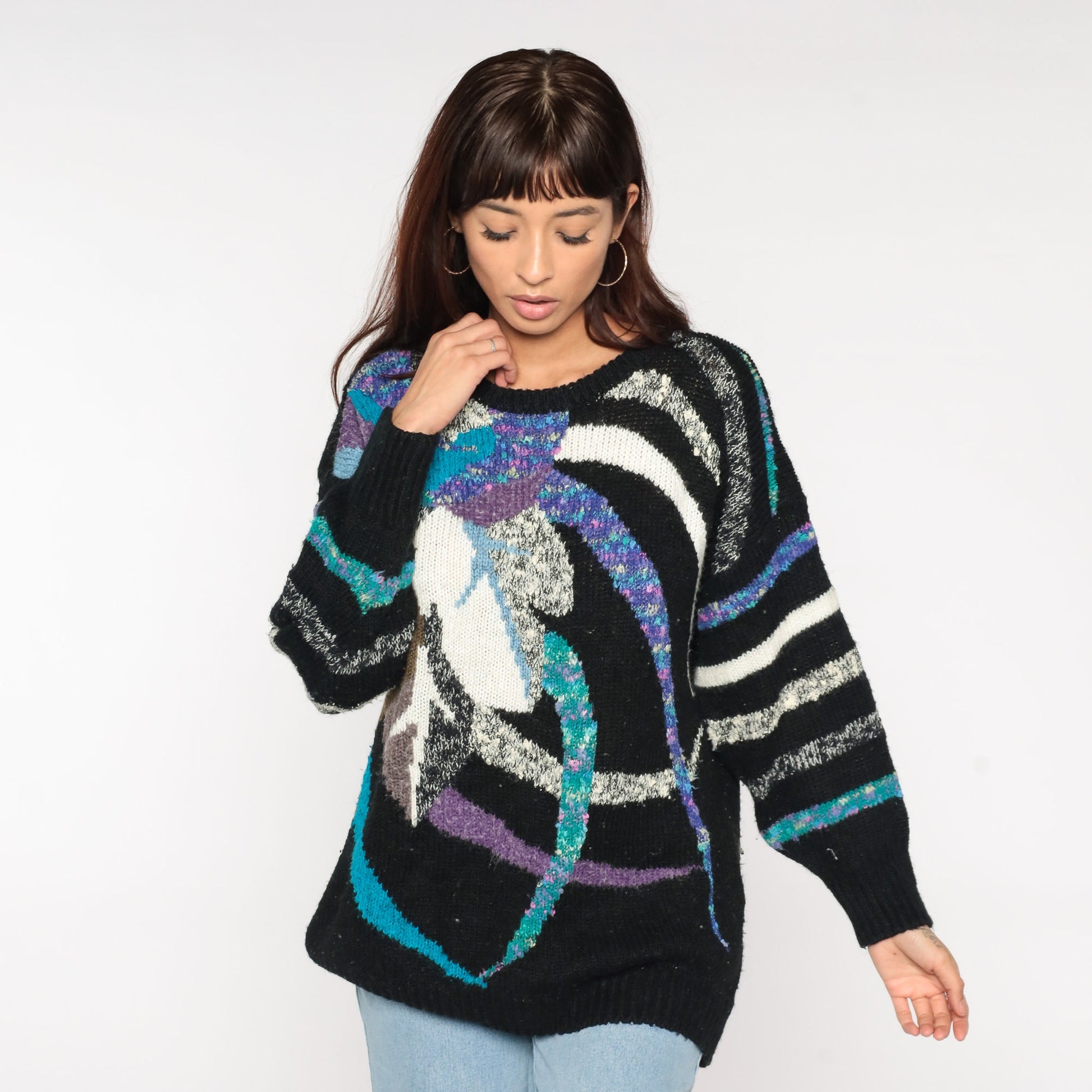 80s Black Knit Sweater Abstract Striped Leaf Print Multicolor Large L