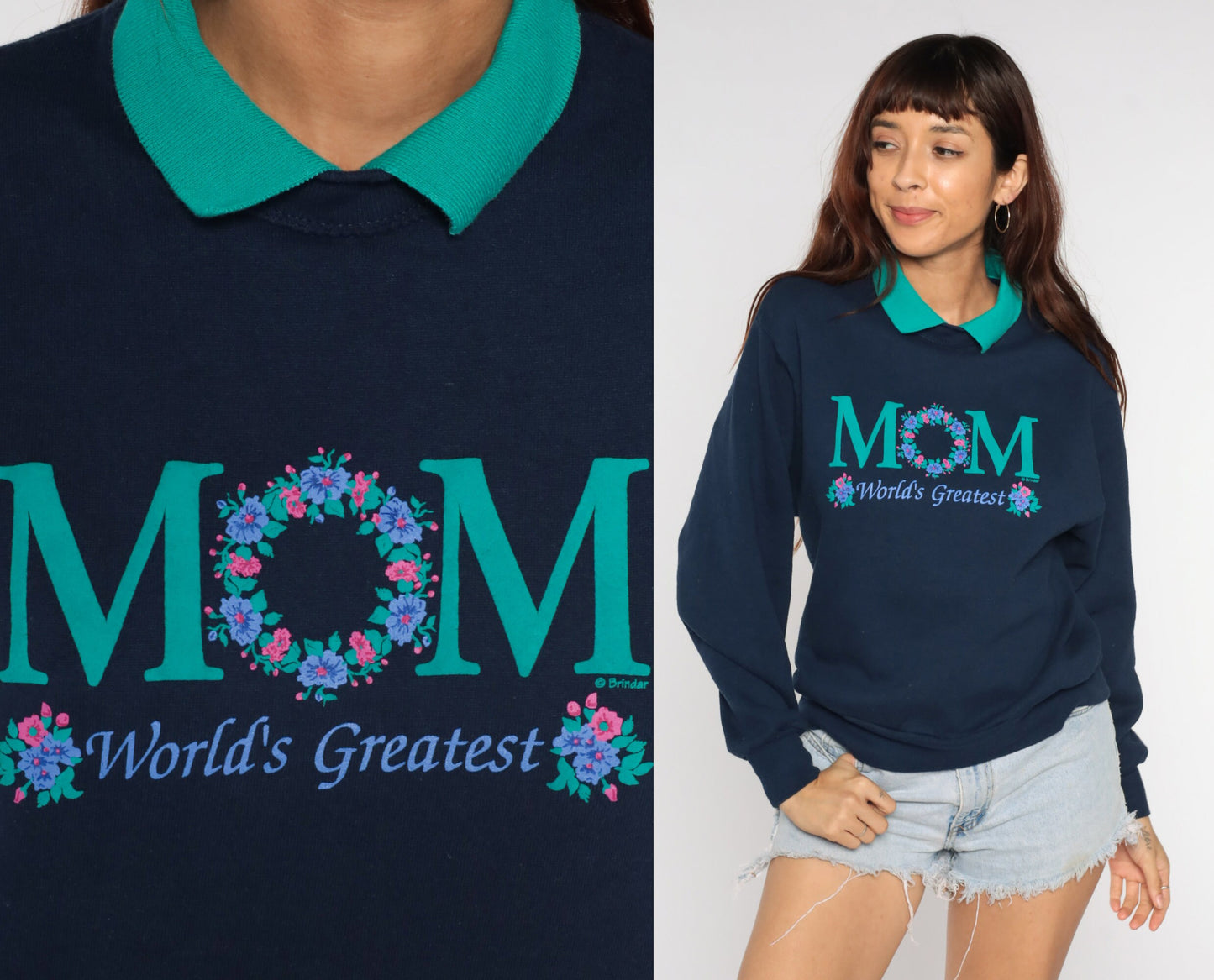 90s World's Greatest Mom Sweatshirt Navy Floral Graphic Crewneck Extra Small