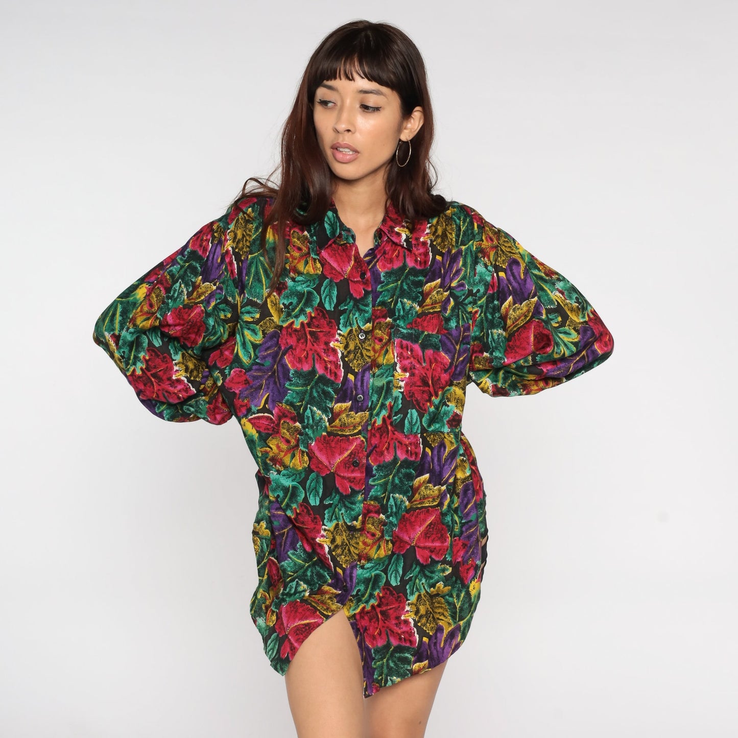 80s Tropical Floral Button-Up Blouse Dark Print Long Sleeve Collared Shirt Large L