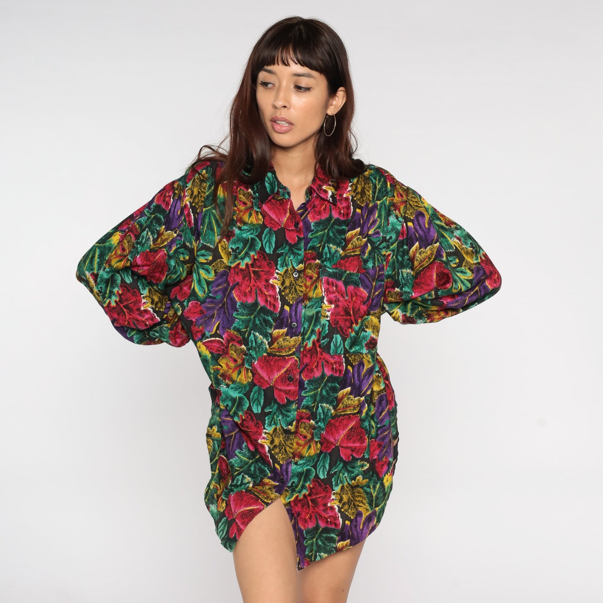 80s Tropical Floral Button-Up Blouse Dark Print Long Sleeve Collared Shirt Large L