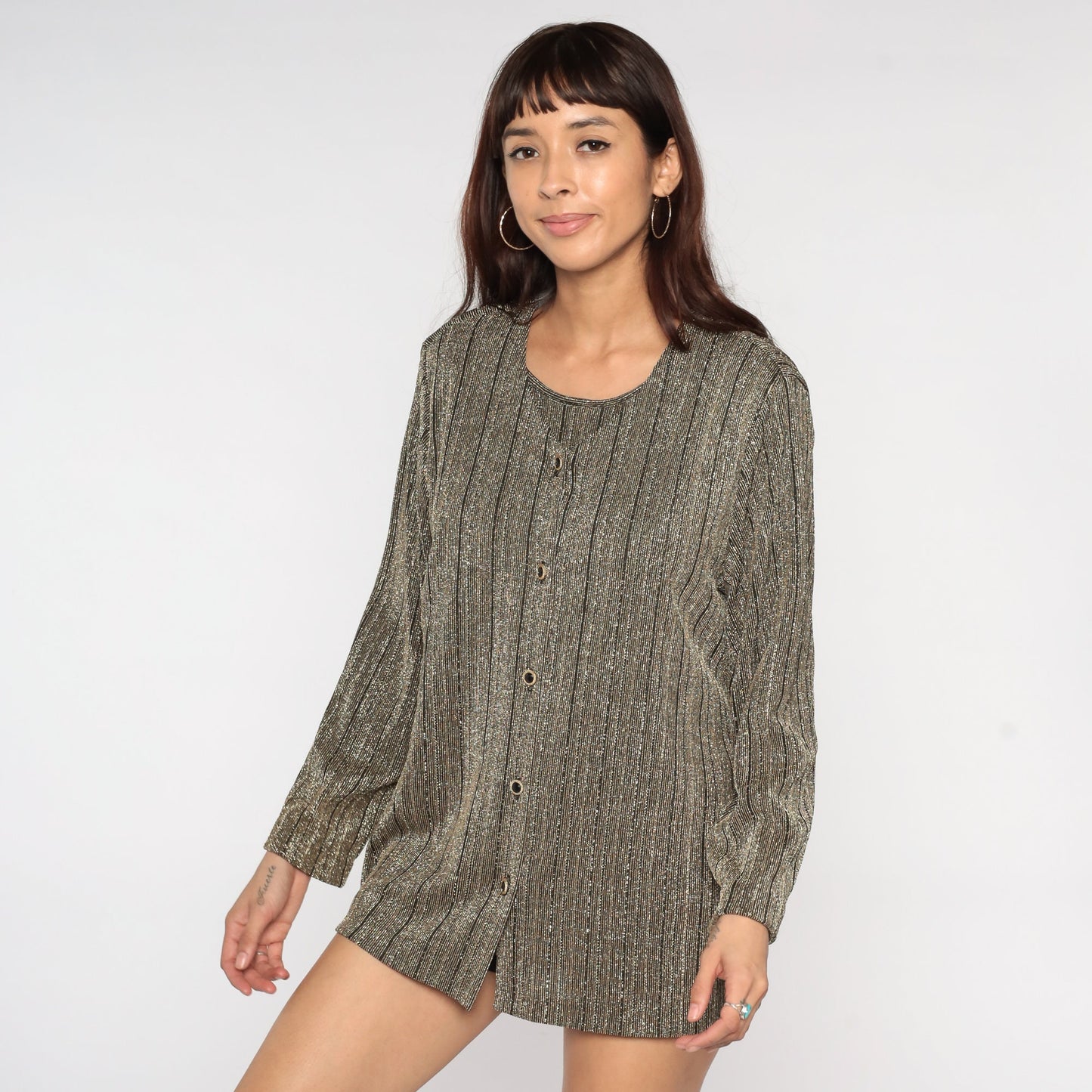 80s Metallic Bronze Cardigan Set Attached Blouse Sparkly Long Sleeve Button Up Large