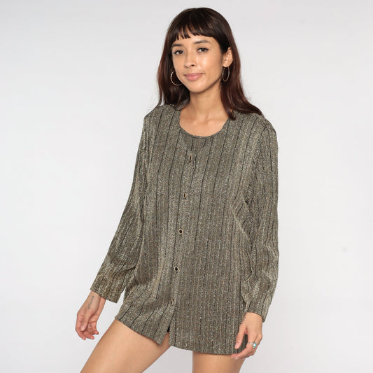 80s Metallic Bronze Cardigan Set Attached Blouse Sparkly Long Sleeve Button Up Large